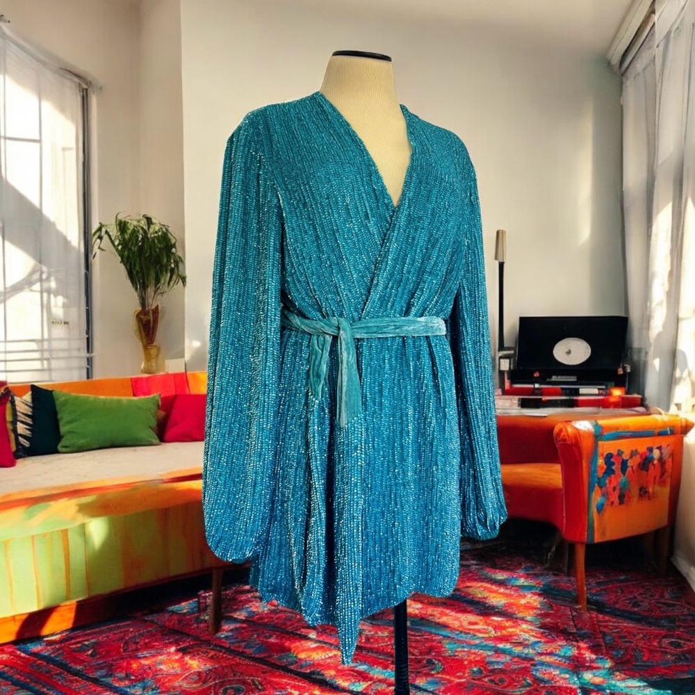 ⚡️SALE Retrofete Gabrielle Sequin Robe Mini Dress Sky Blue